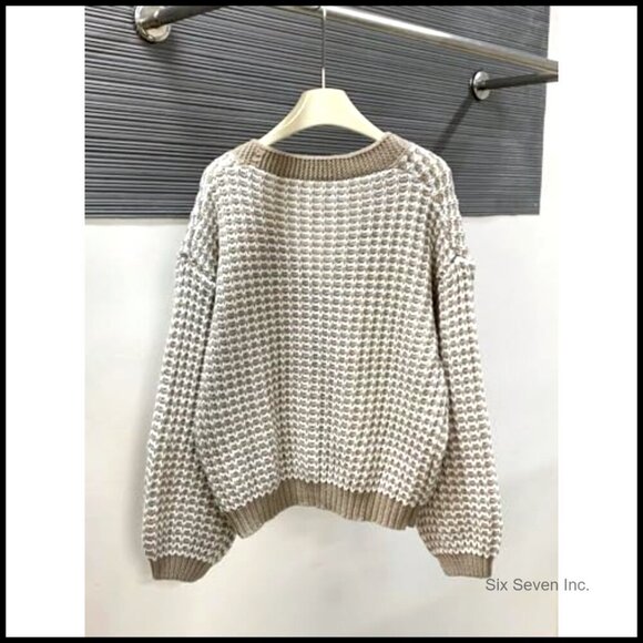 Oversized V-Neck Cardigan Waffle Knit Balloon Sleeve Button-Up Chic Casual - Picture 4 of 5